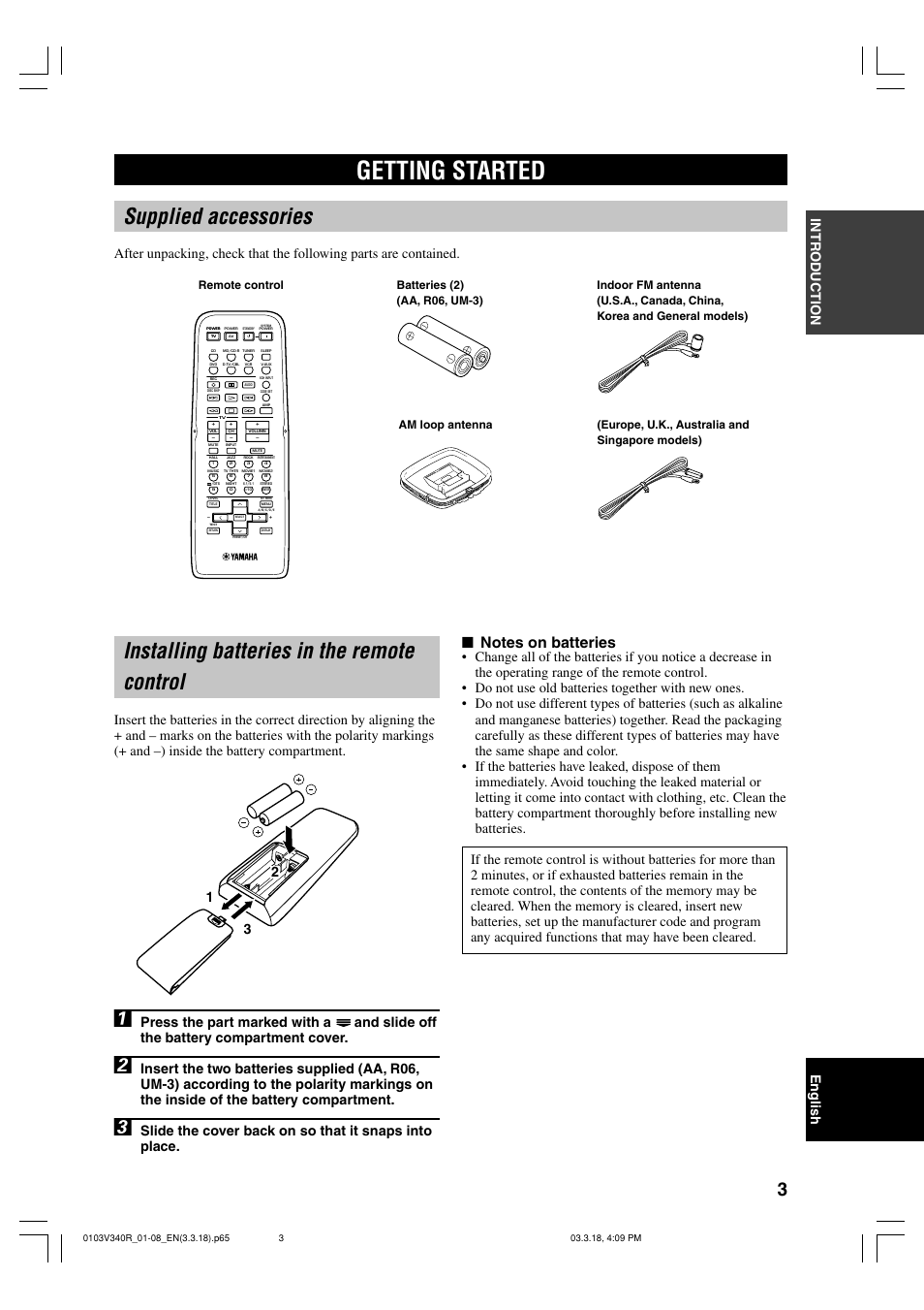 Getting started, Supplied accessories, Installing batteries in the remote control | English intr oduction | Yamaha RX-V340 User Manual | Page 5 / 60