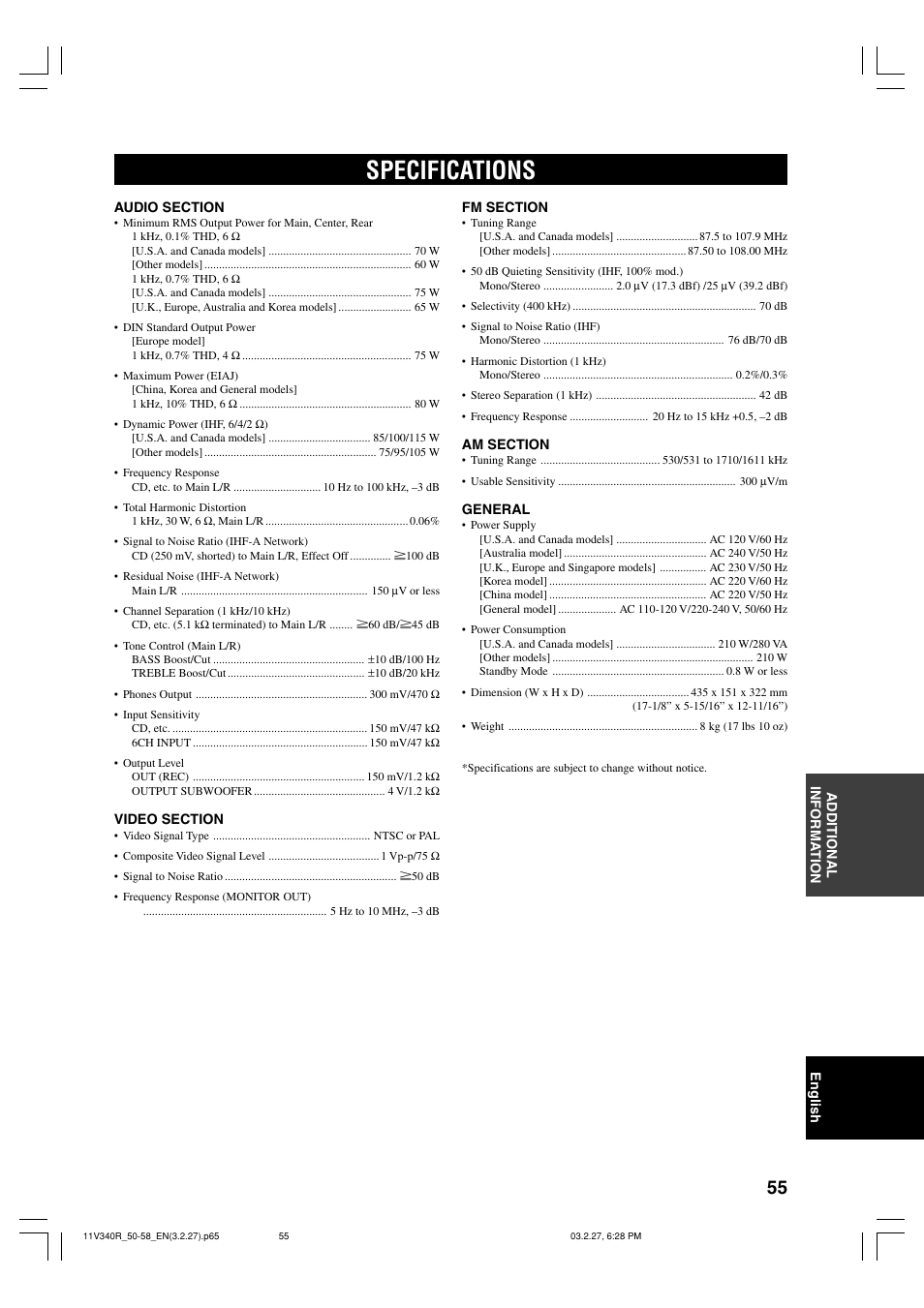 Specifications | Yamaha RX-V340 User Manual | Page 57 / 60