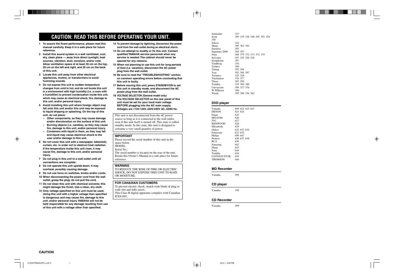 Caution: read this before operating your unit, Caution, Dvd player | Md recorder, Cd player, Cd recorder | Yamaha RX-V340 User Manual | Page 59 / 60