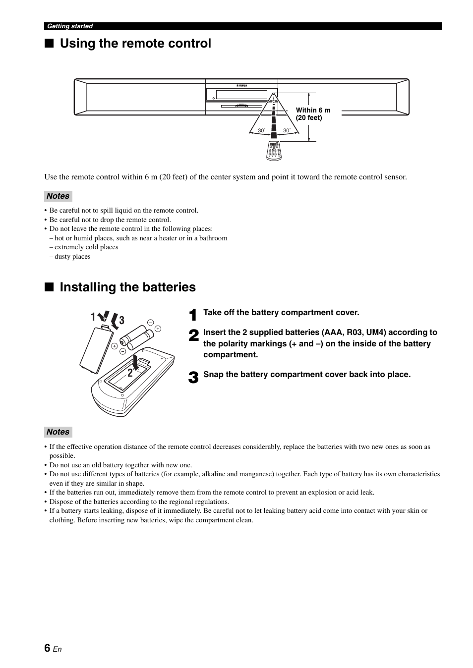 Using the remote control, Installing the batteries | Yamaha YAS-70 User Manual | Page 10 / 34