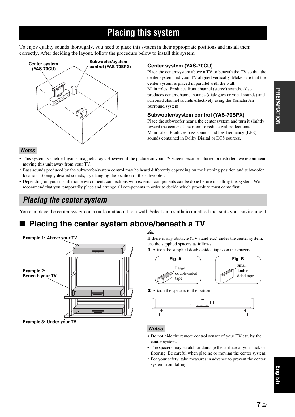 Placing the center system, Placing this system, Placing the center system above/beneath a tv | Yamaha YAS-70 User Manual | Page 11 / 34