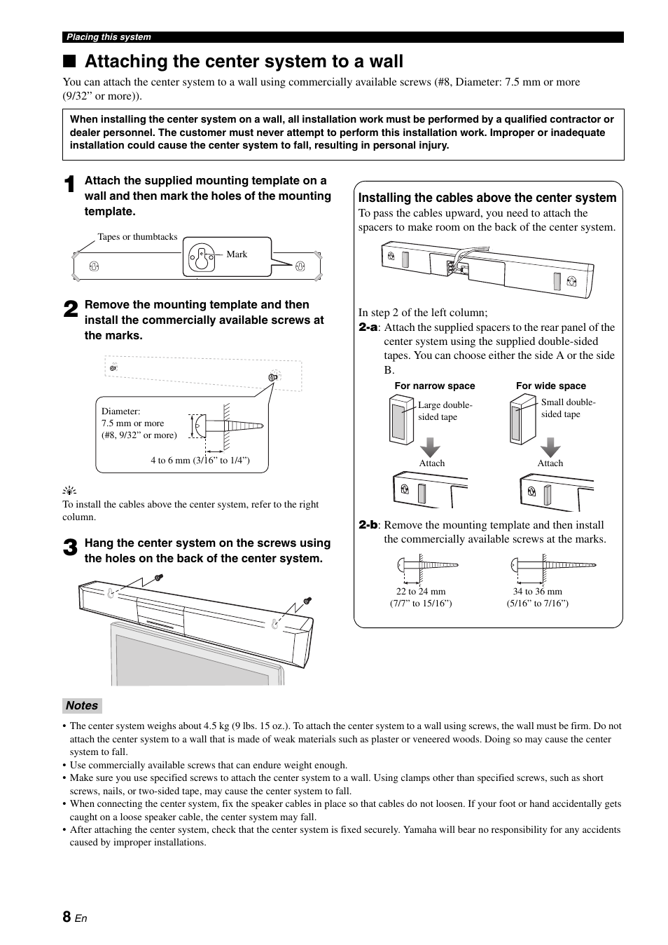 Attaching the center system to a wall | Yamaha YAS-70 User Manual | Page 12 / 34
