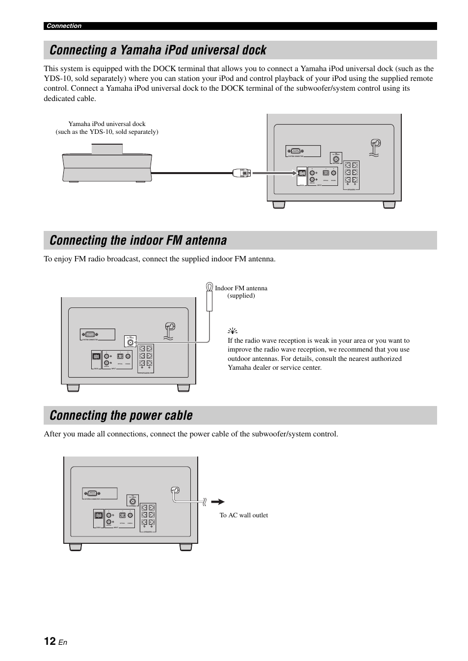 Connecting a yamaha ipod universal dock, Connecting the indoor fm antenna, Connecting the power cable | P. 12), Indoor fm antenna (supplied), Connection | Yamaha YAS-70 User Manual | Page 16 / 34