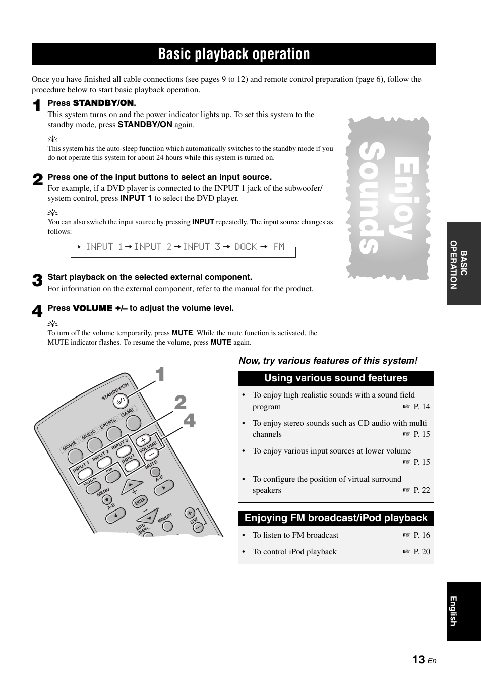 P. 13), Y mode, P. 13 | Enjoy sounds, Basic playback operation, Using various sound features, Enjoying fm broadcast/ipod playback | Yamaha YAS-70 User Manual | Page 17 / 34