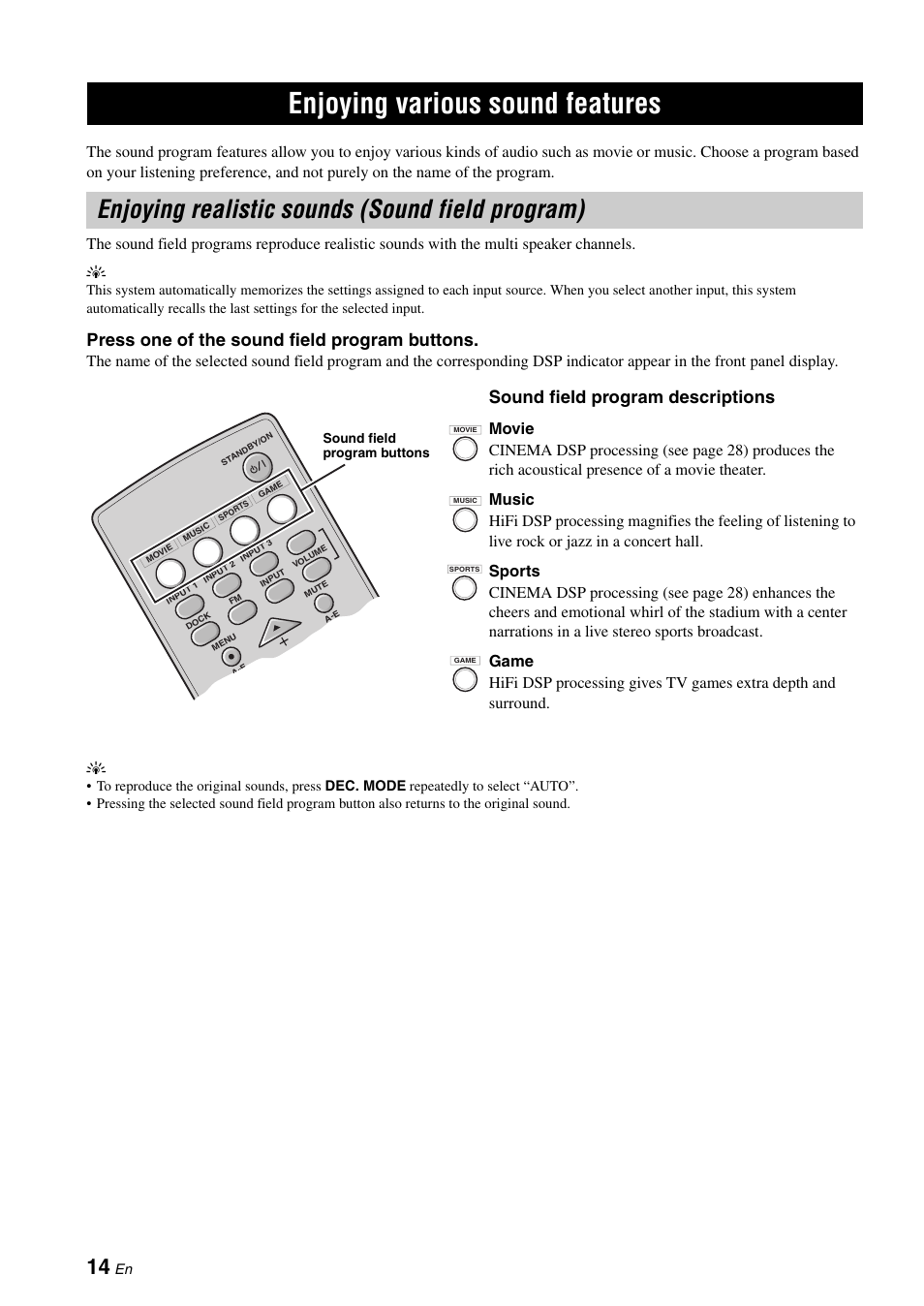 Enjoying realistic sounds (sound field program), P. 14), P. 14 | Enjoying various sound features, Press one of the sound field program buttons, Sound field program descriptions | Yamaha YAS-70 User Manual | Page 18 / 34