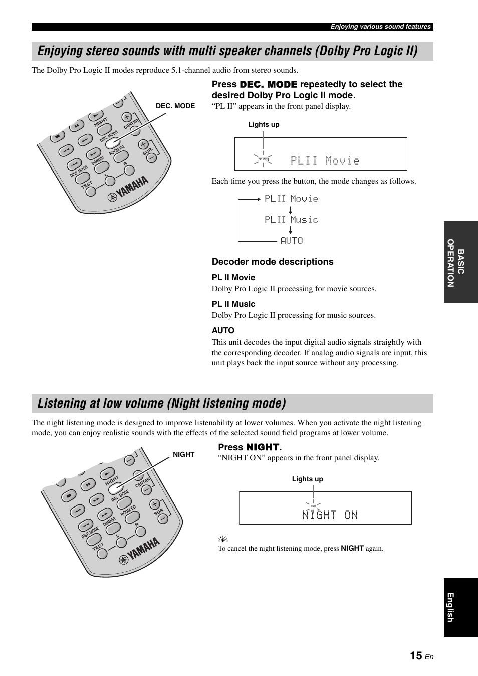 Listening at low volume (night listening mode), P. 15), P. 15 | Plii movie, Night on, Decoder mode descriptions, Plii movie plii music auto, Press night, Night on” appears in the front panel display. y | Yamaha YAS-70 User Manual | Page 19 / 34