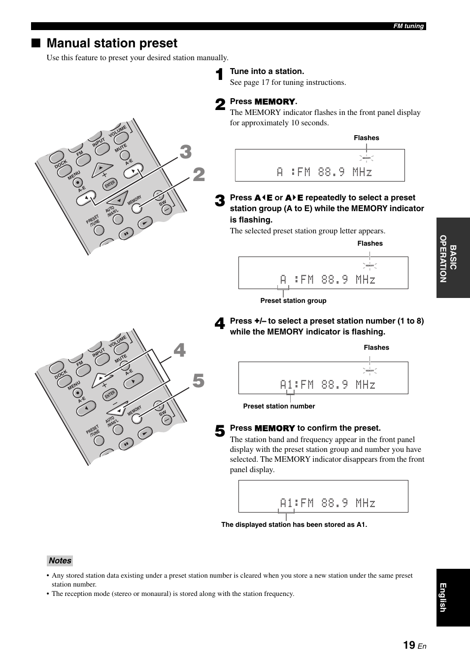 Manual station preset, A :fm 88.9 mhz, A1:fm 88.9 mhz | Yamaha YAS-70 User Manual | Page 23 / 34