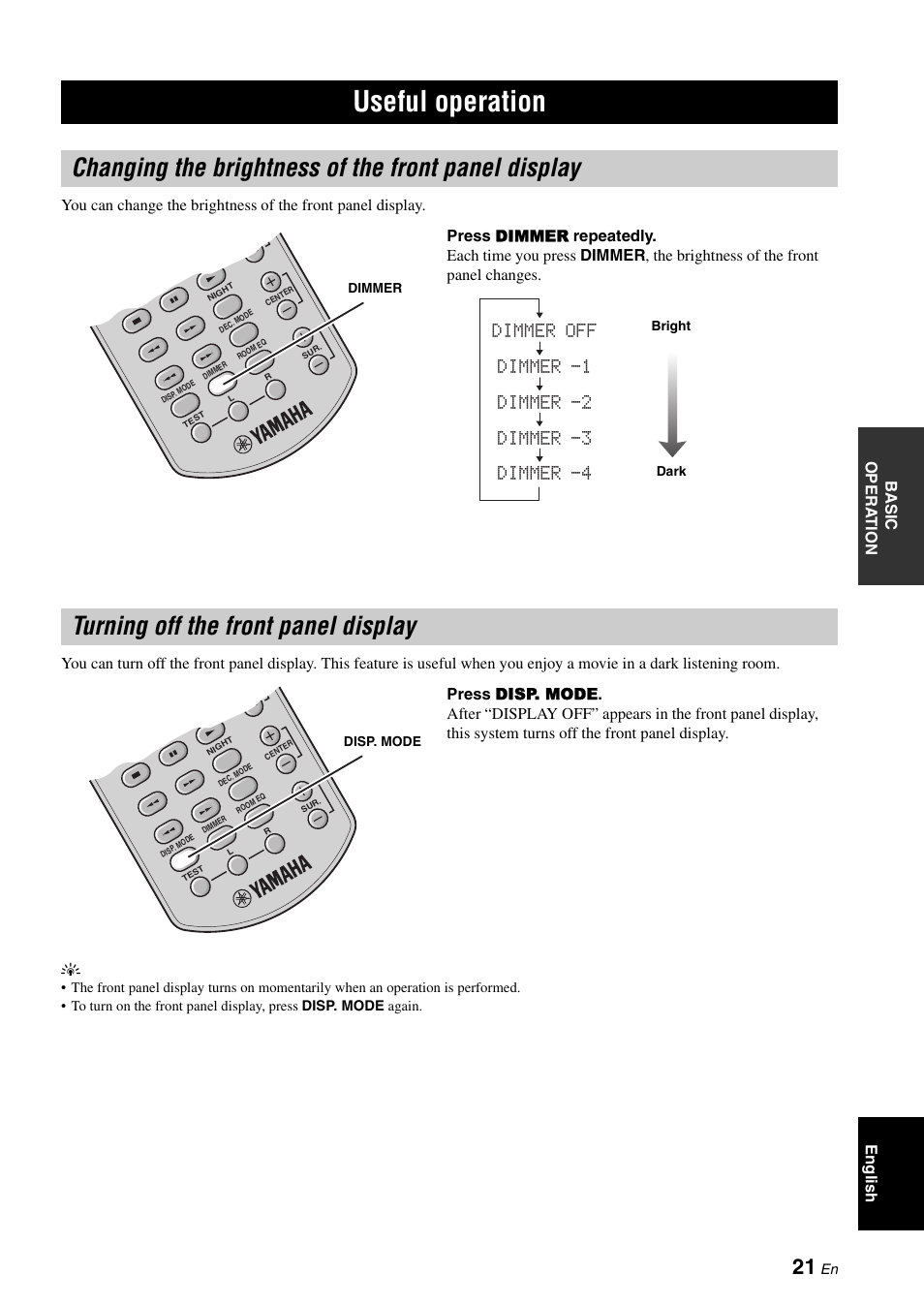 Changing the brightness of the front panel display, Turning off the front panel display, P. 21) | Useful operation, Dimmer off dimmer -1 dimmer -2 dimmer -3 dimmer -4 | Yamaha YAS-70 User Manual | Page 25 / 34