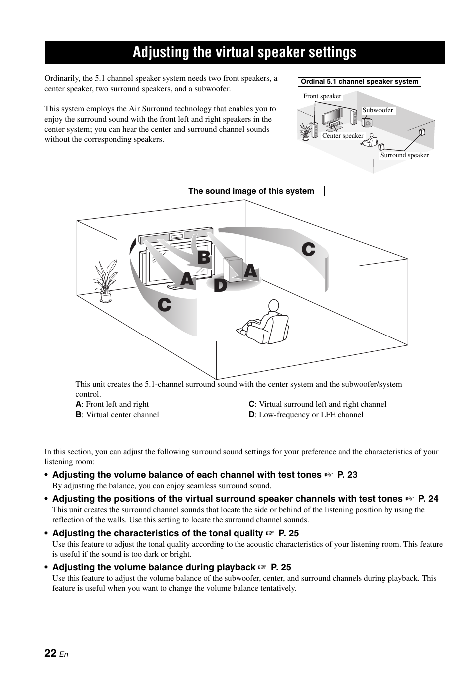 P. 22, Adjusting the virtual speaker settings | Yamaha YAS-70 User Manual | Page 26 / 34