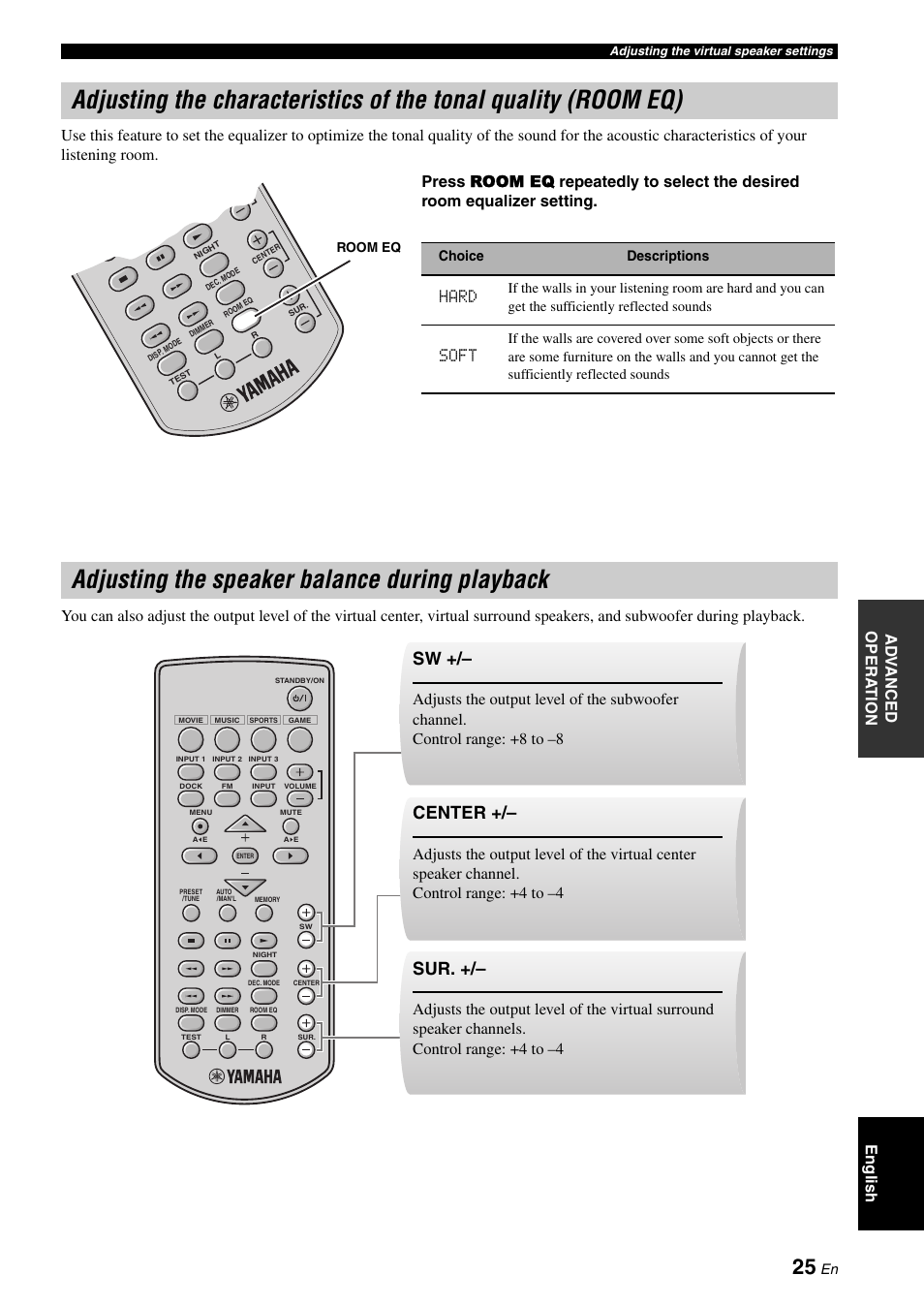 Adjusting the speaker balance during playback, P. 25), P. 25 | Center, Hard, Soft | Yamaha YAS-70 User Manual | Page 29 / 34