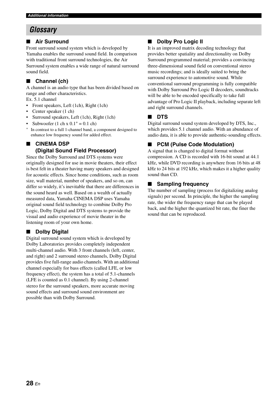 Glossary | Yamaha YAS-70 User Manual | Page 32 / 34