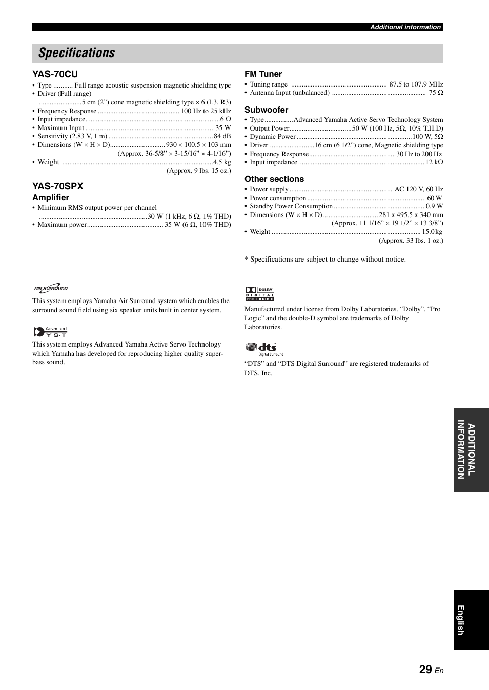 Specifications, Yas-70cu, Yas-70spx | Yamaha YAS-70 User Manual | Page 33 / 34