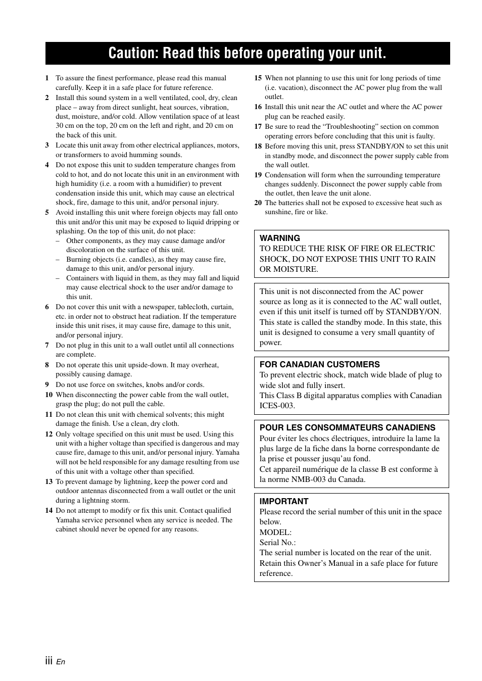 Caution: read this before operating your unit | Yamaha YAS-70 User Manual | Page 4 / 34