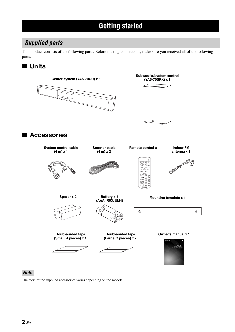 Supplied parts, Units ■ accessories, Getting started | Yamaha YAS-70 User Manual | Page 6 / 34