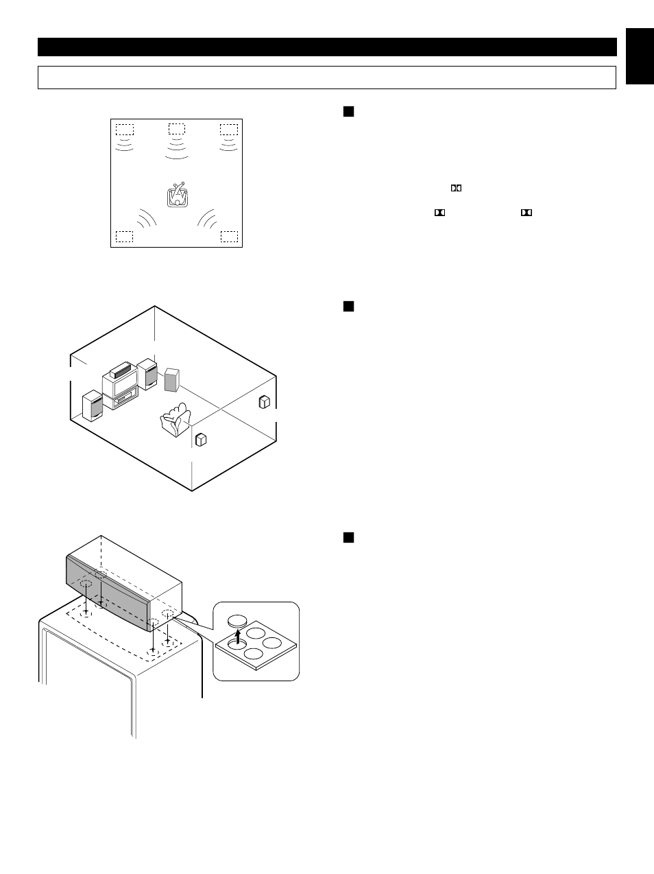 Setting up the speakers, E-5 english, 4 channel 5 speaker configuration | Placing the speakers, Mounting the center speaker, Preparations and connections | Yamaha GX-700 User Manual | Page 13 / 52