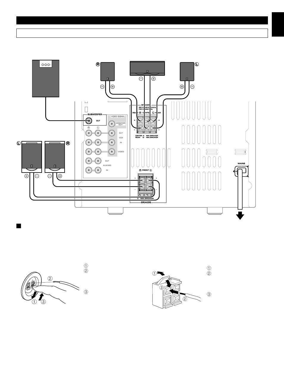 Connections, E-7 english preparations and connections, Connecting speakers | When connecting a subwoofer (separate purchase), On the main unit, On the speakers | Yamaha GX-700 User Manual | Page 15 / 52