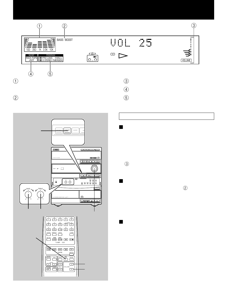 Various sound control, General sound control, E-34 | Volume control, B. (bass) boost button, Bass and treble controls, Spectrum analyzer, Bass boost, Volume (volume level meter), Music (preset equalizer mode indicator) | Yamaha GX-700 User Manual | Page 42 / 52