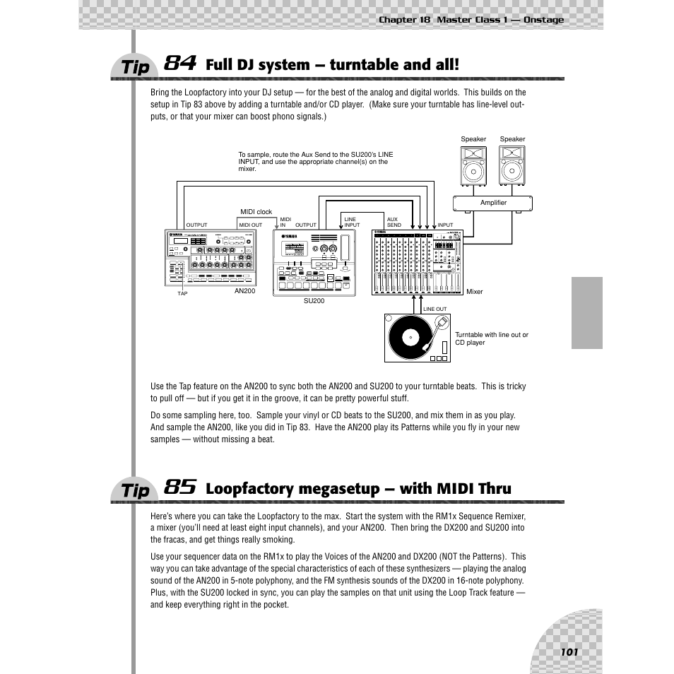 Tip 84 full dj system — turntable and all, Tip 85 loopfactory megasetup — with midi thru, Tip 84 | Full dj system — turntable and all, Tip 85, Loopfactory megasetup — with midi thru | Yamaha AN200 User Manual | Page 101 / 147