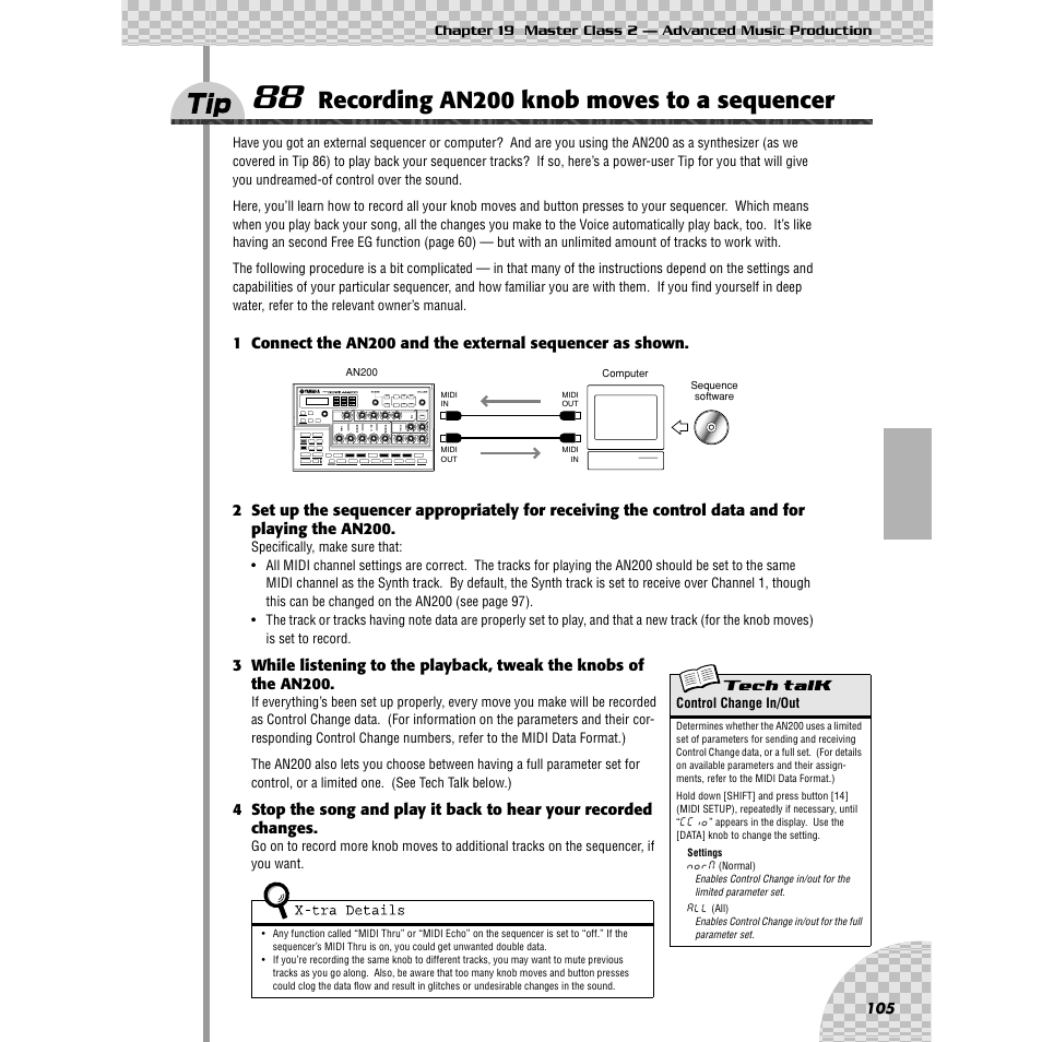 Tip 88, Recording an200 knob moves to a sequencer105, Recording an200 knob moves to a sequencer | Yamaha AN200 User Manual | Page 105 / 147