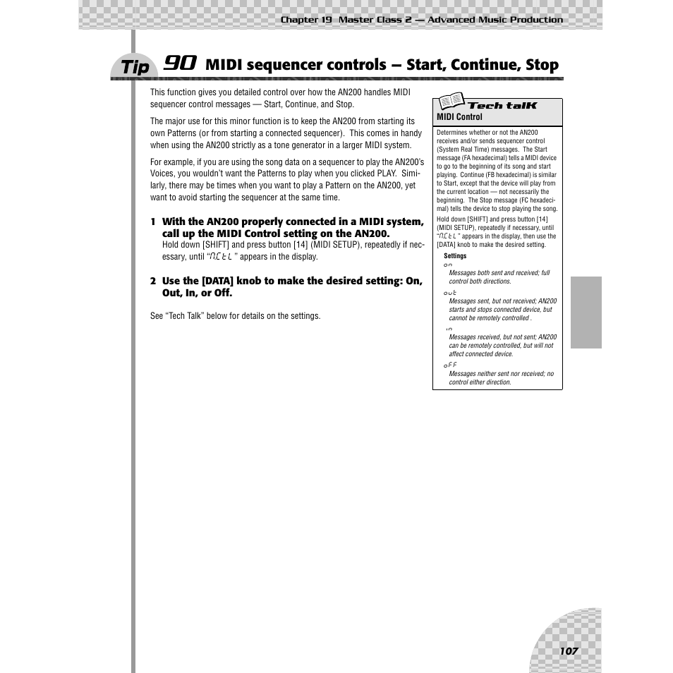 Tip 90, Midi sequencer controls — start, continue, stop | Yamaha AN200 User Manual | Page 107 / 147