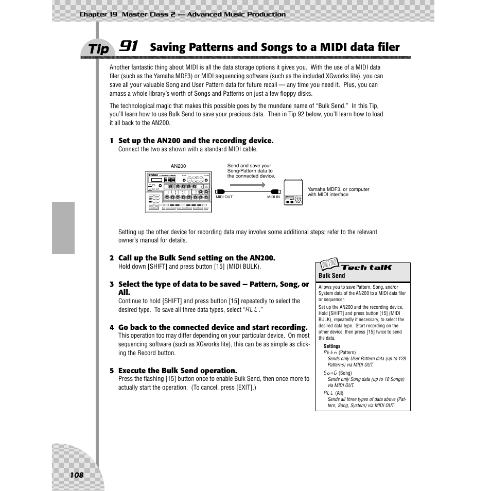 Tip 91, Saving patterns and songs to a midi data filer | Yamaha AN200 User Manual | Page 108 / 147