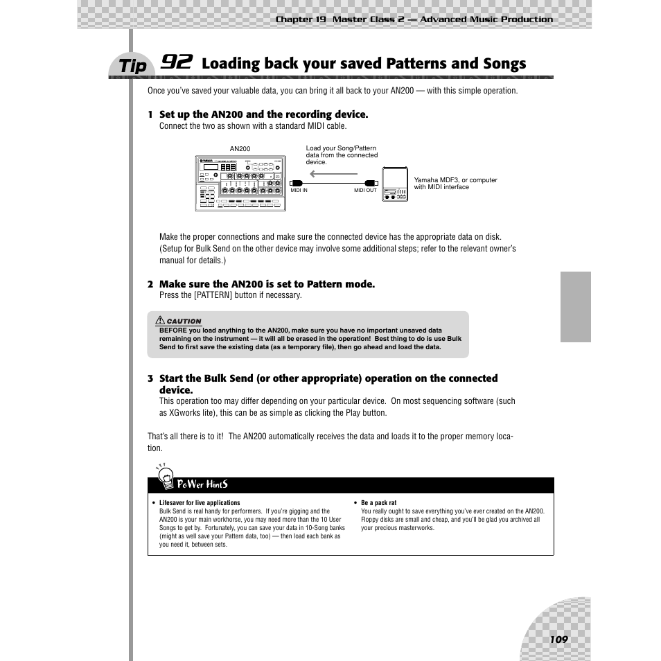 Tip 92 loading back your saved patterns and songs, Tip 92, Loading back your saved patterns and songs | Yamaha AN200 User Manual | Page 109 / 147