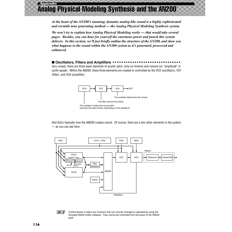 Analog physical modeling synthesis and the an200, Analog physical modeling synthesis, And the an200 | Yamaha AN200 User Manual | Page 116 / 147