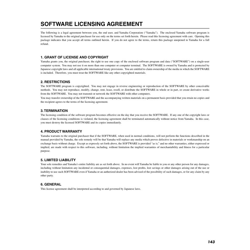 Software licensing agreement | Yamaha AN200 User Manual | Page 143 / 147