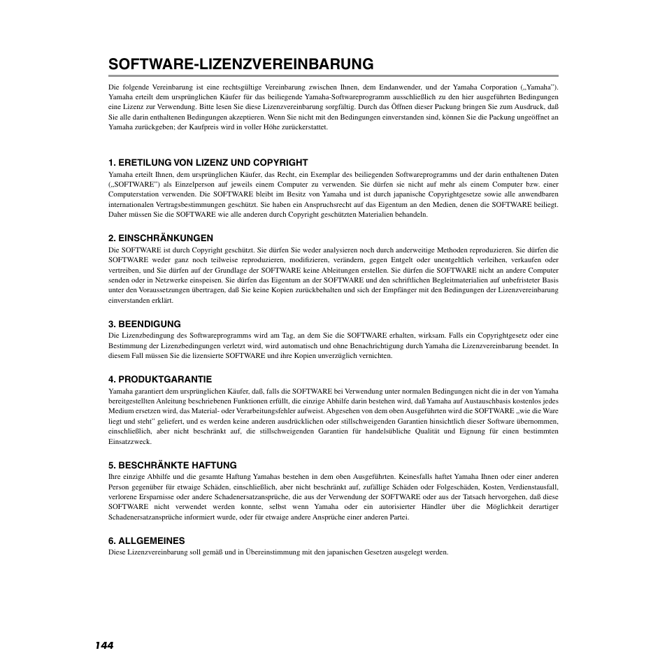 Software-lizenzvereinbarung | Yamaha AN200 User Manual | Page 144 / 147