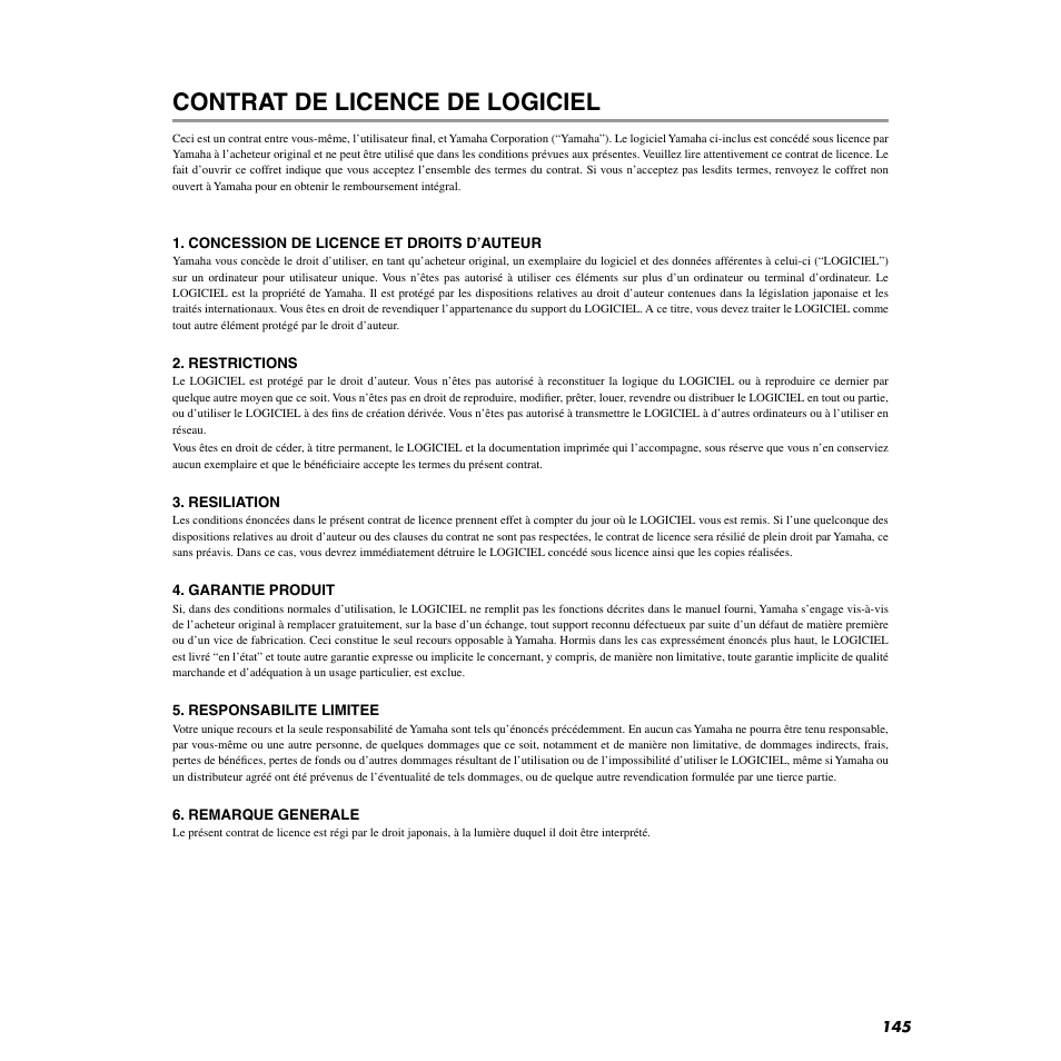 Contrat de licence de logiciel | Yamaha AN200 User Manual | Page 145 / 147
