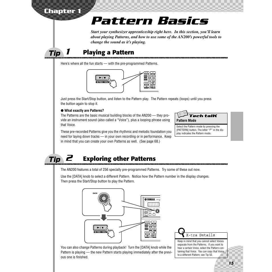 Chapter 1 pattern basics, Tip 1 playing a pattern, Tip 2 exploring other patterns | Chapter 1, Pattern basics, Tip 1, Playing a pattern, Tip 2, Exploring other patterns, Ip 1 | Yamaha AN200 User Manual | Page 15 / 147