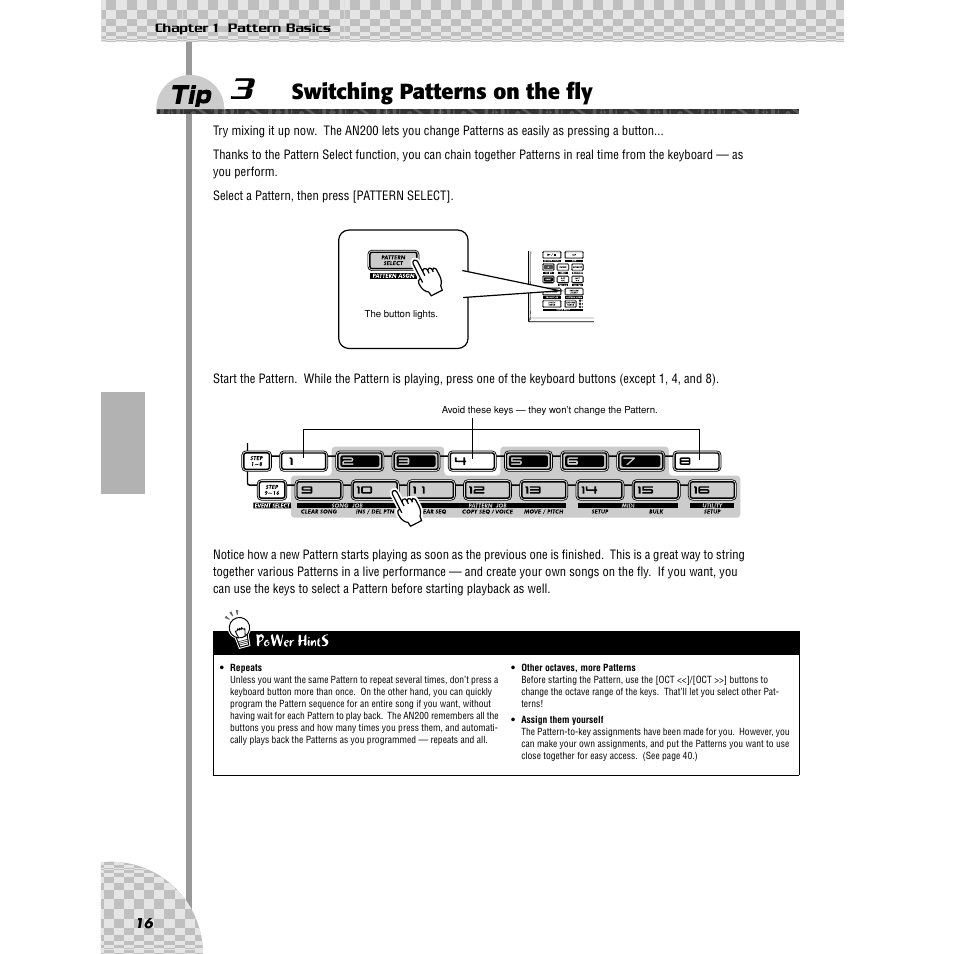 Tip 3 switching patterns on the fly, Tip 3, Switching patterns on the fly | Ips 3, 31, 77, 78 | Yamaha AN200 User Manual | Page 16 / 147