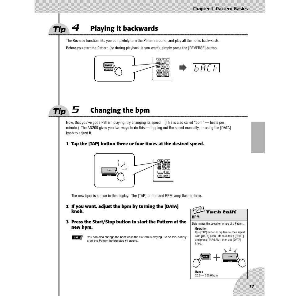 Tip 4 playing it backwards, Tip 5 changing the bpm, Tip 4 | Playing it backwards, Tip 5, Changing the bpm, Ip 5, Ips 4, 25 | Yamaha AN200 User Manual | Page 17 / 147