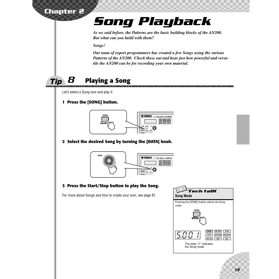 Chapter 2 song playback, Tip 8 playing a song, Chapter 2 | Song playback, Tip 8, Playing a song, Ips 8, 62 | Yamaha AN200 User Manual | Page 19 / 147