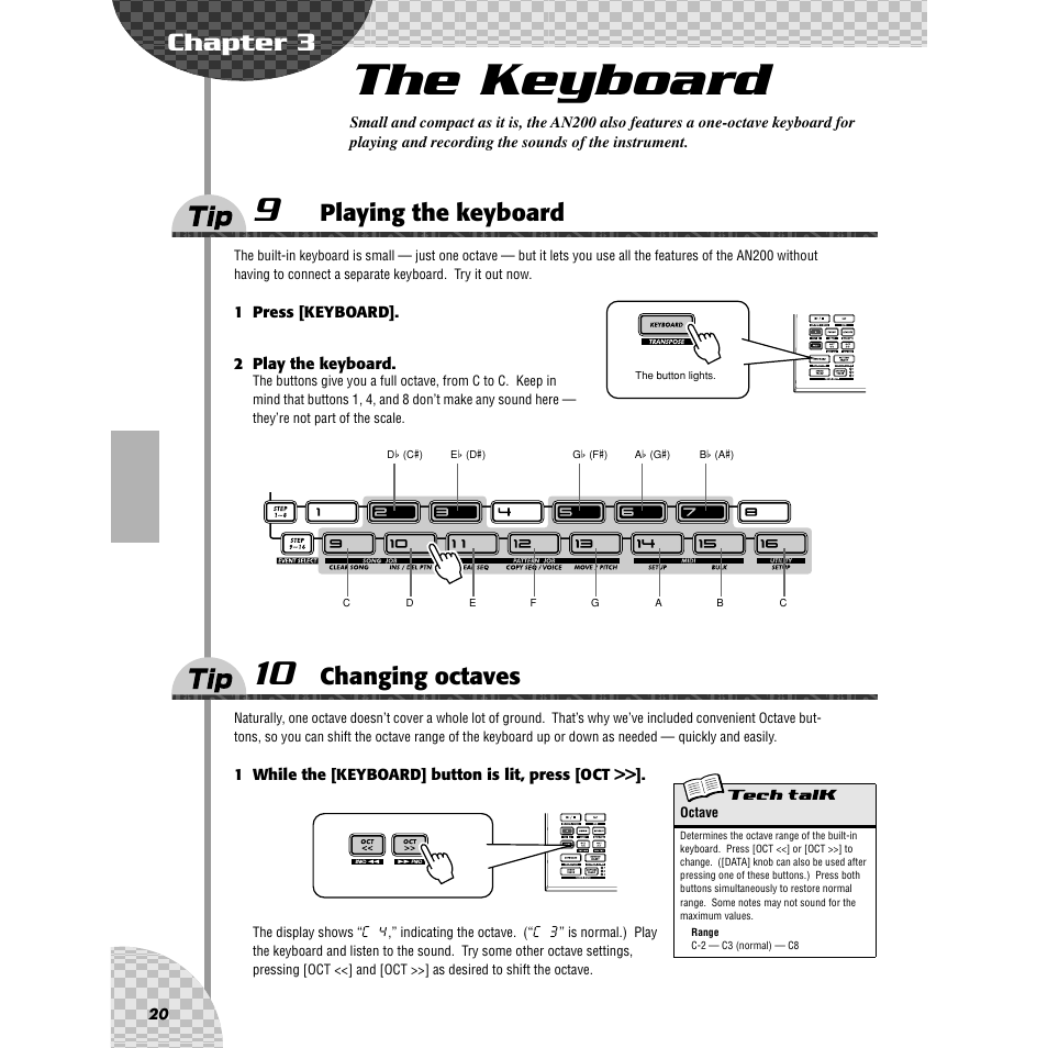 Chapter 3 the keyboard, Tip 9 playing the keyboard, Tip 10 changing octaves | Chapter 3, The keyboard, Tip 9, Playing the keyboard, Tip 10, Changing octaves, Ips 10, 62 | Yamaha AN200 User Manual | Page 20 / 147