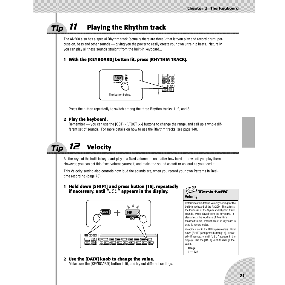 Tip 11 playing the rhythm track, Tip 12 velocity, Tip 11 | Playing the rhythm track, Tip 12, Velocity | Yamaha AN200 User Manual | Page 21 / 147