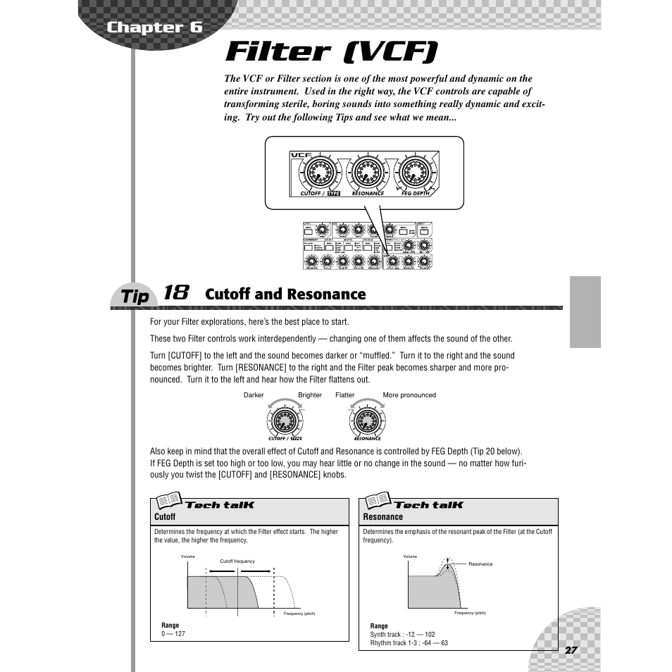 Chapter 6 filter (vcf), Tip 18 cutoff and resonance, Chapter 6 | Filter (vcf), Tip 18, Cutoff and resonance, Ips 18 — 20 | Yamaha AN200 User Manual | Page 27 / 147