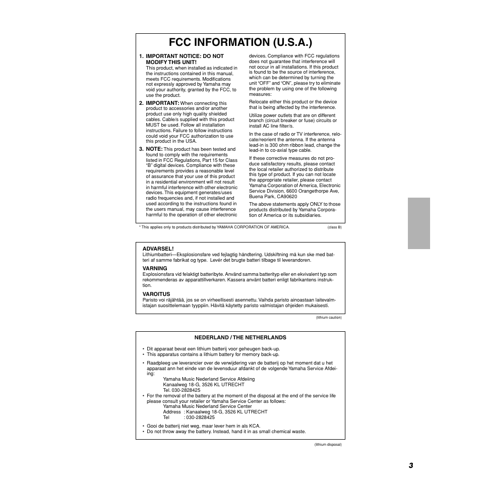 Fcc information (u.s.a.) | Yamaha AN200 User Manual | Page 3 / 147