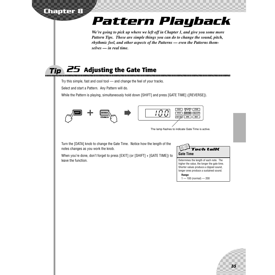 Chapter 8 pattern playback, Tip 25 adjusting the gate time, Chapter 8 | Pattern playback, Tip 25, Adjusting the gate time | Yamaha AN200 User Manual | Page 35 / 147