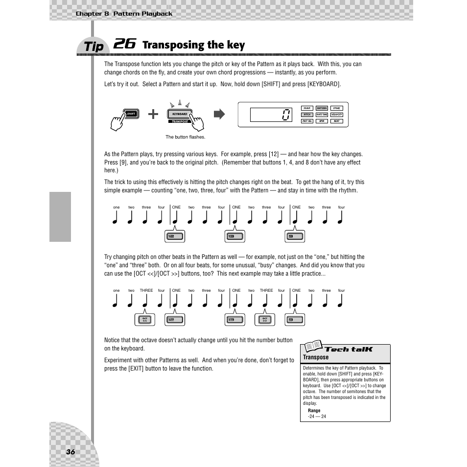 Tip 26 transposing the key, Tip 26, Transposing the key | Chapter 8 pattern playback 36 | Yamaha AN200 User Manual | Page 36 / 147