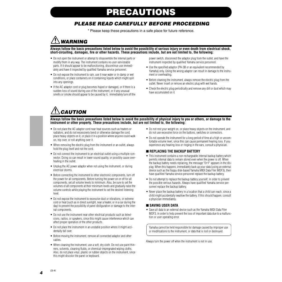 Precautions, Please read carefully before proceeding, Warning | Caution | Yamaha AN200 User Manual | Page 4 / 147