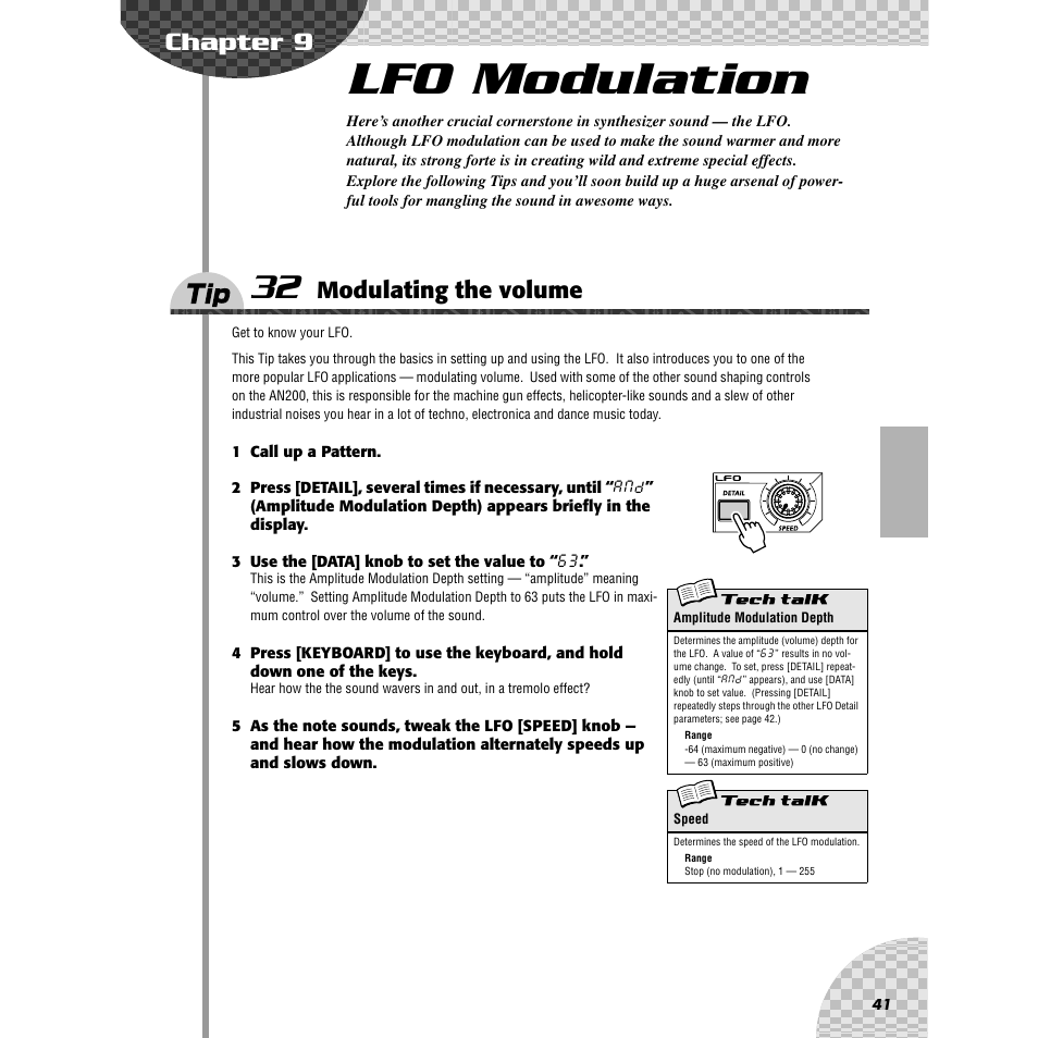Chapter 9 lfo modulation, Tip 32 modulating the volume, Chapter 9 | Lfo modulation, Tip 32, Modulating the volume, Ips 32 — 35 | Yamaha AN200 User Manual | Page 41 / 147