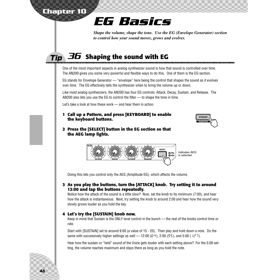 Chapter 10 eg basics, Tip 36 shaping the sound with eg, Chapter 10 | Eg basics, Tip 36, Shaping the sound with eg, Ips 36 — 39 | Yamaha AN200 User Manual | Page 46 / 147