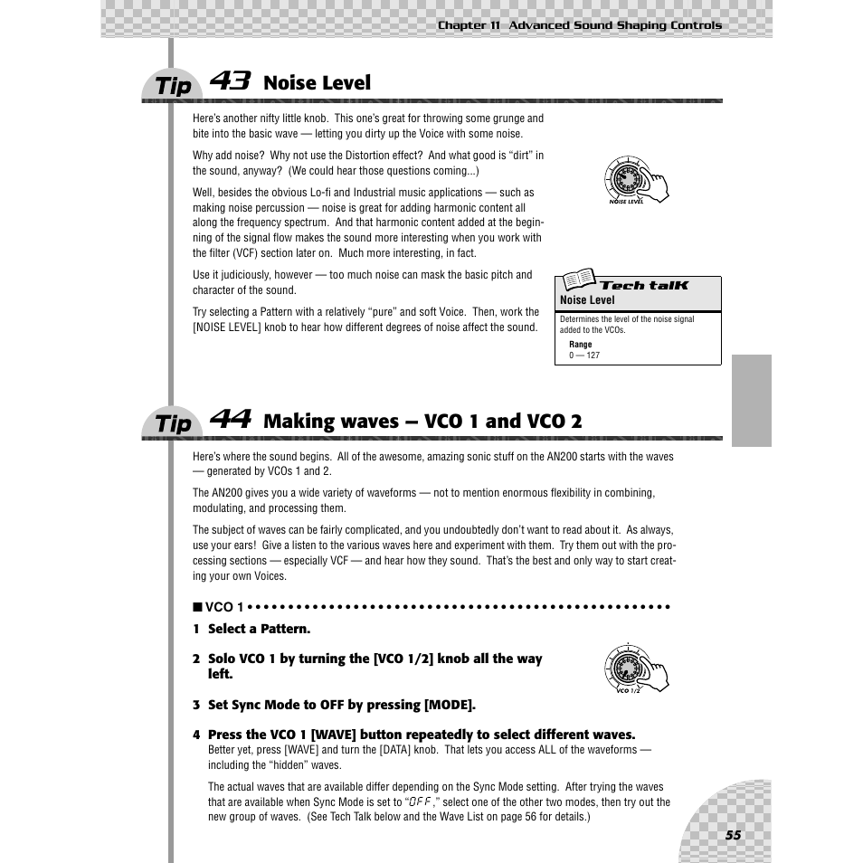 Tip 43 noise level, Tip 44 making waves — vco 1 and vco 2, Tip 43 | Noise level, Tip 44, Making waves — vco 1 and vco 2, Ip 44, Ip 43 | Yamaha AN200 User Manual | Page 55 / 147