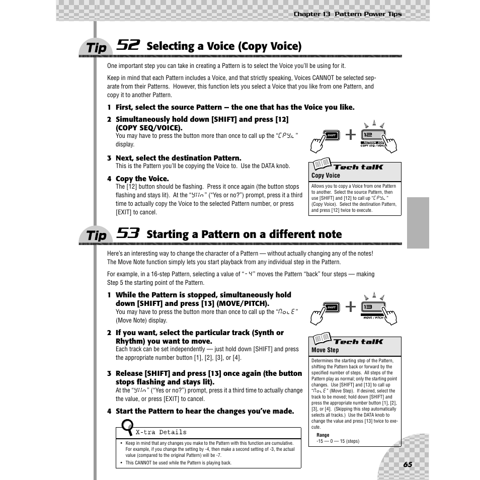 Tip 52 selecting a voice (copy voice), Tip 53 starting a pattern on a different note, Tip 52 | Selecting a voice (copy voice), Tip 53, Starting a pattern on a different note | Yamaha AN200 User Manual | Page 65 / 147