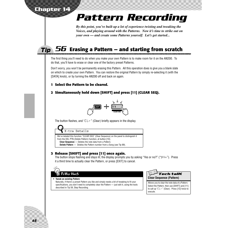 Chapter 14 pattern recording, Chapter 14, Pattern recording | Tip 56, Erasing a pattern — and starting from scratch, Ip 56), this is where you lay the ver | Yamaha AN200 User Manual | Page 68 / 147