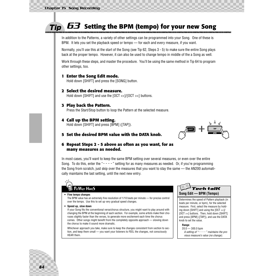 Tip 63 setting the bpm (tempo) for your new song, Tip 63, Setting the bpm (tempo) for your new song | Yamaha AN200 User Manual | Page 84 / 147