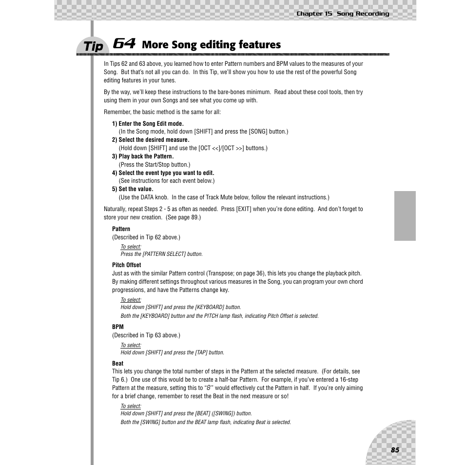 Tip 64 more song editing features, Tip 64, More song editing features | Yamaha AN200 User Manual | Page 85 / 147