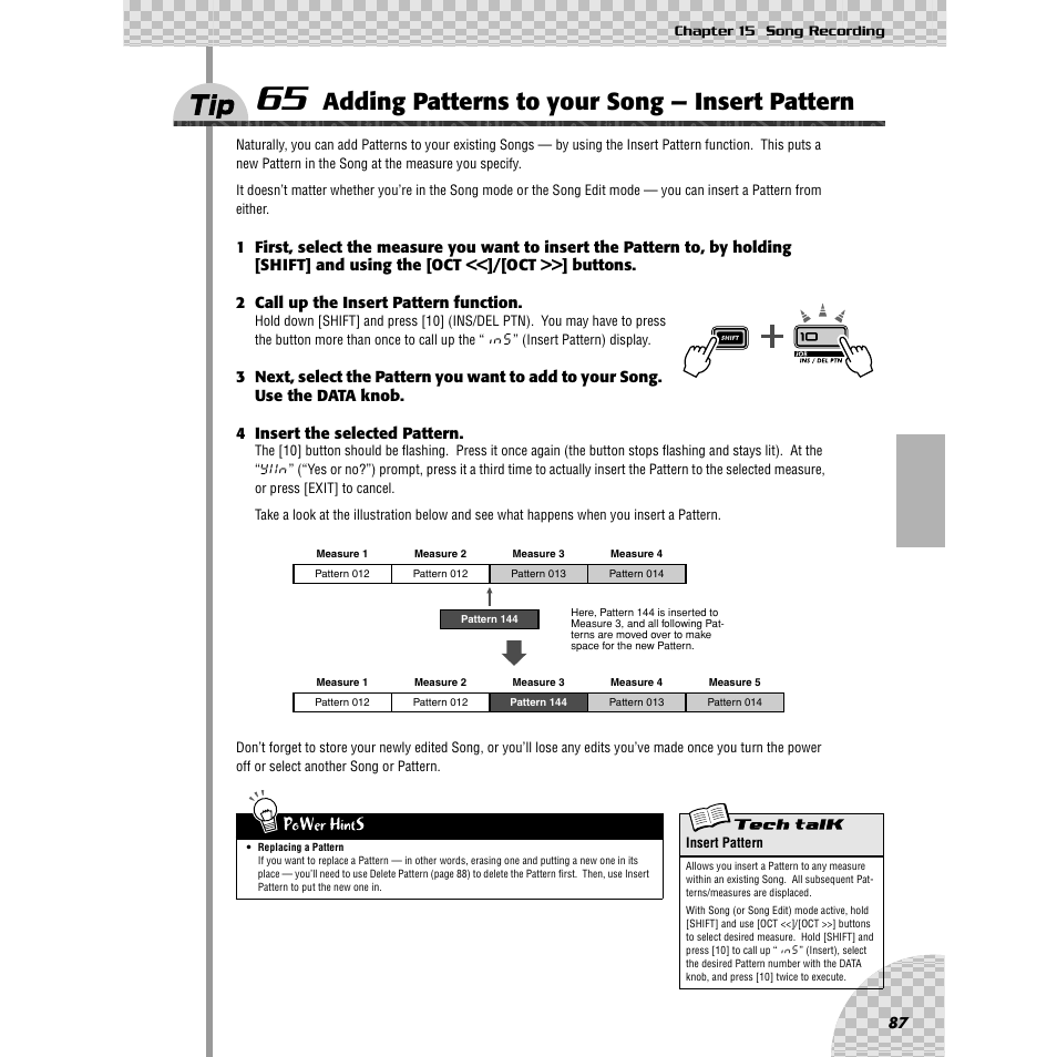 Tip 65, Adding patterns to your song — insert pattern 87, Adding patterns to your song — insert pattern | Yamaha AN200 User Manual | Page 87 / 147