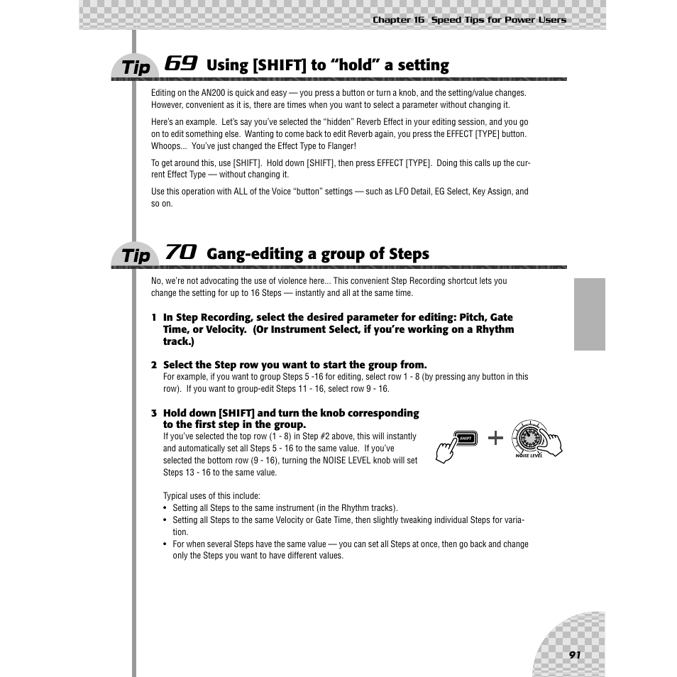 Tip 69 using [shift] to “hold” a setting, Tip 70 gang-editing a group of steps, Tip 69 | Using [shift] to “hold” a setting, Tip 70, Gang-editing a group of steps | Yamaha AN200 User Manual | Page 91 / 147